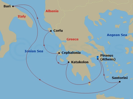 7 Night - Mediterranean - MSC Orchestra - Starting in Piraeus (Athens), Greece, Katakolon (Olympia), Greece, Cephalonia / Argostoli, Greece, Corfu, Greece, Bari, Italy, Santorini, Greece, Piraeus (Athens), Greece itinerary map