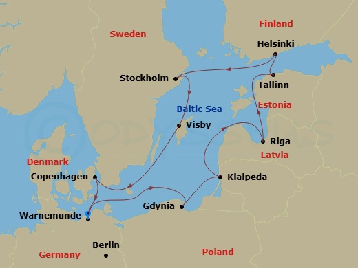 11 Night - Northern Europe - MSC Magnifica - Starting in Warnemunde (Berlin), Germany, Gdynia (Gdansk), Poland, Klaipeda, Lithuania, Riga, Latvia, Tallinn, Estonia, Helsinki, Finland, Stockholm, Sweden, Visby, Sweden, Copenhagen, Denmark, Warnemunde (Berlin), Germany itinerary map