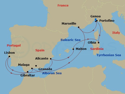 10 Night - Mediterranean - MSC Opera - Starting in Genoa (Portofino), Italy, Marseille (Provence), France, Malaga (Granada), Spain, Gibraltar, United Kingdom, Lisbon (Cascais), Portugal, Alicante, Spain, Mahon, Spain, Olbia, Italy, Genoa (Portofino), Italy itinerary map