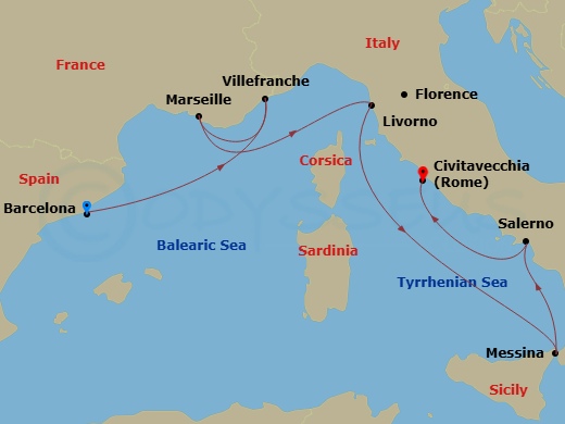 10 Night - Explore Barcelona Pre Cruisetour - Norwegian Epic Tours - Starting in At Hotel, Barcelona, Spain, Nice / Monaco (Villefranche), France, Provence, Marseille, France, Livorno / Florence / Pisa, Italy, Messina, Italy, Amalfi Coast (Salerno), Italy, Civitavecchia Rome, Italy itinerary map