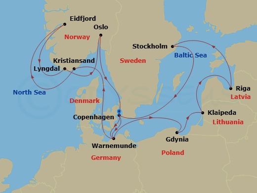 14 Night - Northern Europe - MSC Magnifica - Starting in Copenhagen, Denmark, Warnemunde (Berlin), Germany, Gdynia (Gdansk), Poland, Klaipeda, Lithuania, Riga, Latvia, Stockholm, Sweden, Copenhagen, Denmark, Warnemunde (Berlin), Germany, Kristiansand, Norway, Eidfjord, Norway, Lyngdal, Norway, Oslo, Norway, Copenhagen, Denmark itinerary map