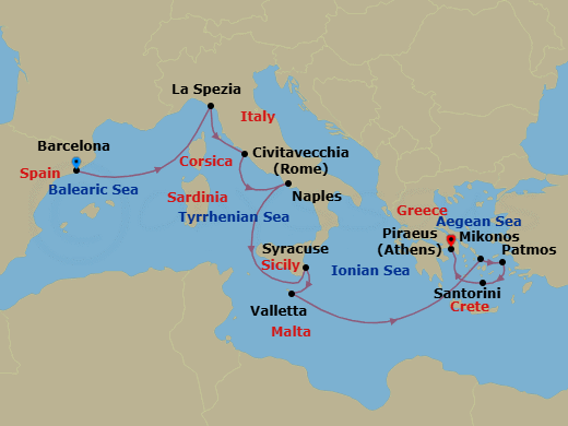 11 Night - A Journey from Ligurian Shores to the Cyclades' Dazzling Beauty - EXPLORA II - Starting in Barcelona, La Spezia, Civitavecchia (Rome), Port of Naples, Siracusa (Sicily), La Valletta, Mykonos, Patmos, Santorini, Piraeus (Athens) itinerary map