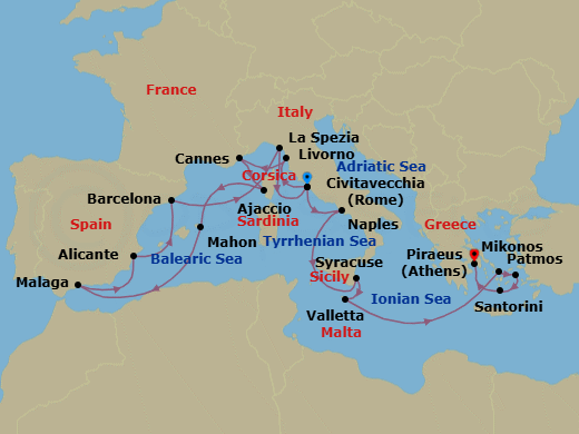 20 Night - An Extended Journey Through Layers of Coast, Culture & Time - EXPLORA II - Starting in Civitavecchia (Rome), Livorno (Florence), Cannes, Ajaccio (Corsica), Mahon (Menorca), Malaga, Spain, Alicante, Barcelona, La Spezia, Civitavecchia (Rome), Port of Naples, Siracusa (Sicily), La Valletta, Mykonos, Patmos, Santorini, Piraeus (Athens) itinerary map