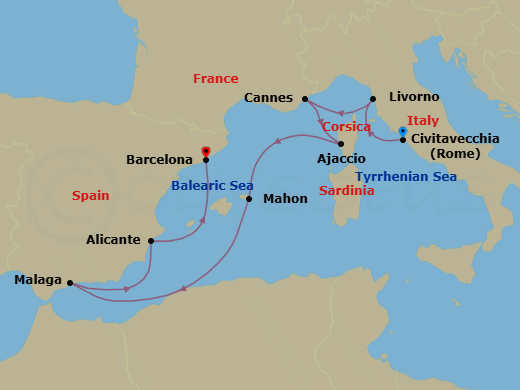 9 Night - A Journey from Italian Gems to Spain's Southern Coast - EXPLORA II - Starting in Civitavecchia (Rome), Livorno (Florence), Cannes, Ajaccio (Corsica), Mahon (Menorca), Malaga, Spain, Alicante, Barcelona itinerary map