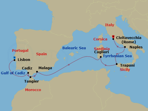 10 Night - A Journey of Golden Evenings & Southern Shores - EXPLORA II - Starting in Lisbon, Cadiz, Tangier, Malaga, Spain, Sardinia / Cagliari, Trapani (Sicily), Port of Naples, Civitavecchia (Rome) itinerary map