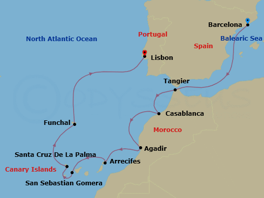 12 Night - A Journey from Morocco's Rich Culture to Stunning Atlantic Islands - EXPLORA II - Starting in Barcelona, Tangier, Casablanca, Agadir, Arrecife (Lanzarote), San Sebastian De La Gomera, Santa Cruz de La Palma, Funchal (Madeira), Lisbon itinerary map