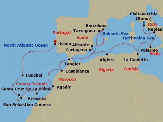 21 Night - A Journey Across the Mediterranean's Edge & Into the Atlantic - EXPLORA II - Starting in Civitavecchia (Rome), Port of Naples, Palermo (Sicily), Tunis / La Goulette, Algiers, Cartagena ES, Alicante, Tarragona, Barcelona, Tangier, Casablanca, Agadir, Arrecife (Lanzarote), San Sebastian De La Gomera, Santa Cruz de La Palma, Funchal (Madeira), Lisbon itinerary map