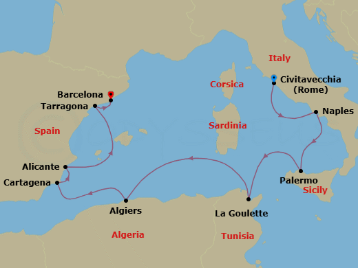 9 Night - A Journey to Spain's Icons & North Africa's Sunlit Shores - EXPLORA II - Starting in Civitavecchia (Rome), Port of Naples, Palermo (Sicily), Tunis / La Goulette, Algiers, Cartagena ES, Alicante, Tarragona, Barcelona itinerary map