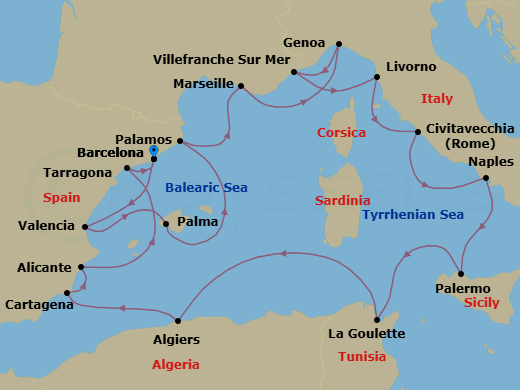 18 Night - An Extended Journey Across the Mediterranean's Western Shores - EXPLORA II - Starting in Barcelona, Valencia, Palma De Mallorca, Palamos, Marseille, Genoa, Villefranche-Sur-Mer (Nice), Livorno (Florence), Civitavecchia (Rome), Port of Naples, Palermo (Sicily), Tunis / La Goulette, Algiers, Cartagena ES, Alicante, Tarragona, Barcelona itinerary map