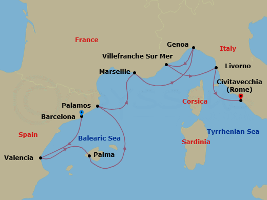 9 Night - A Journey Along Spain's Coast to the Italian Rivieras - EXPLORA II - Starting in Barcelona, Valencia, Palma De Mallorca, Palamos, Marseille, Genoa, Villefranche-Sur-Mer (Nice), Livorno (Florence), Civitavecchia (Rome) itinerary map
