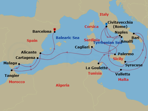 20 Night - An Extended Journey Between Continents & Coastlines - EXPLORA II - Starting in Civitavecchia (Rome), Port of Naples, Siracusa (Sicily), Bari, La Valletta, Tunis / La Goulette, Palermo (Sicily), Civitavecchia (Rome), Amalfi, Sardinia / Cagliari, Cartagena ES, Malaga, Spain, Tangier, Alicante, Barcelona itinerary map