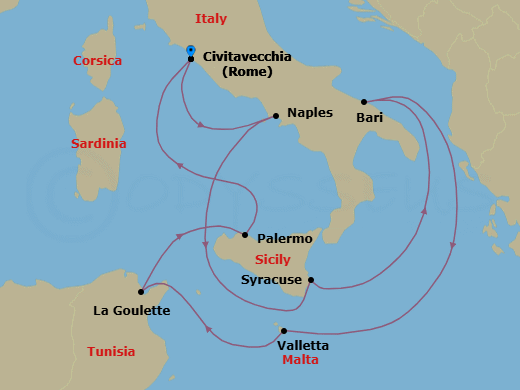 10 Night - A Journey Through the Mediterranean's Historic Crossroads - EXPLORA II - Starting in Civitavecchia (Rome), Port of Naples, Siracusa (Sicily), Bari, La Valletta, Tunis / La Goulette, Palermo (Sicily), Civitavecchia (Rome) itinerary map