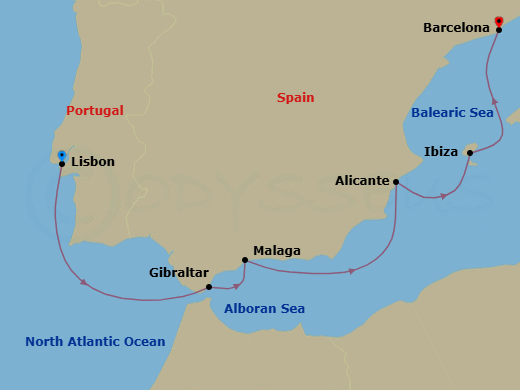 7 Night - A Journey from Lisbon to Barcelona Along Iberia's Southern Coast - EXPLORA II - Starting in Lisbon, Gibraltar, Malaga, Spain, Alicante, Ibiza, Barcelona itinerary map