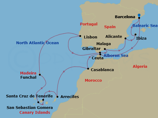 19 Night - An Extended Journey of Atlantic Crossings & Southern Light - EXPLORA II - Starting in Barcelona, Ceuta, Casablanca, Arrecife (Lanzarote), Santa Cruz de Tenerife, San Sebastian De La Gomera, Funchal (Madeira), Lisbon, Gibraltar, Malaga, Spain, Alicante, Ibiza, Barcelona itinerary map