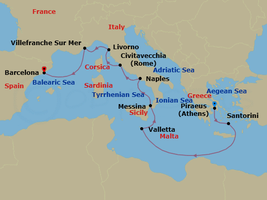 10 Night - A Journey to Santorini, Sicily & the Riviera - EXPLORA II - Starting in Piraeus (Athens), Santorini, La Valletta, Messina (Sicily), Port of Naples, Civitavecchia (Rome), Livorno (Florence), Villefranche-Sur-Mer (Nice), Barcelona itinerary map