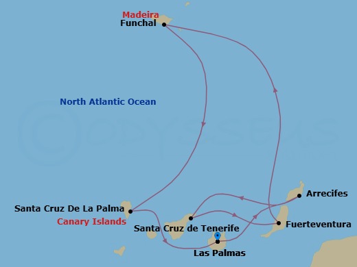 8 Night - Western Mediterranean from Las Palmas - Costa Smeralda - Starting in Las Palmas, Arrecife (Lanzarote), Santa Cruz de Tenerife, Fuerteventura, Funchal, Santa Cruz de La Palma, Las Palmas itinerary map