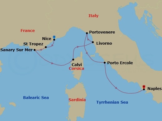 8 Night - Nice to Naples - World Traveller - Starting in Nice, Saint-Tropez, Sanary-Sur-Mer (Bandol), Calvi, Livorno (Florence / Pisa), Porto Venere, (Cinque Terre), Porto Ercole (Tuscany), Naples (Pompeii) itinerary map