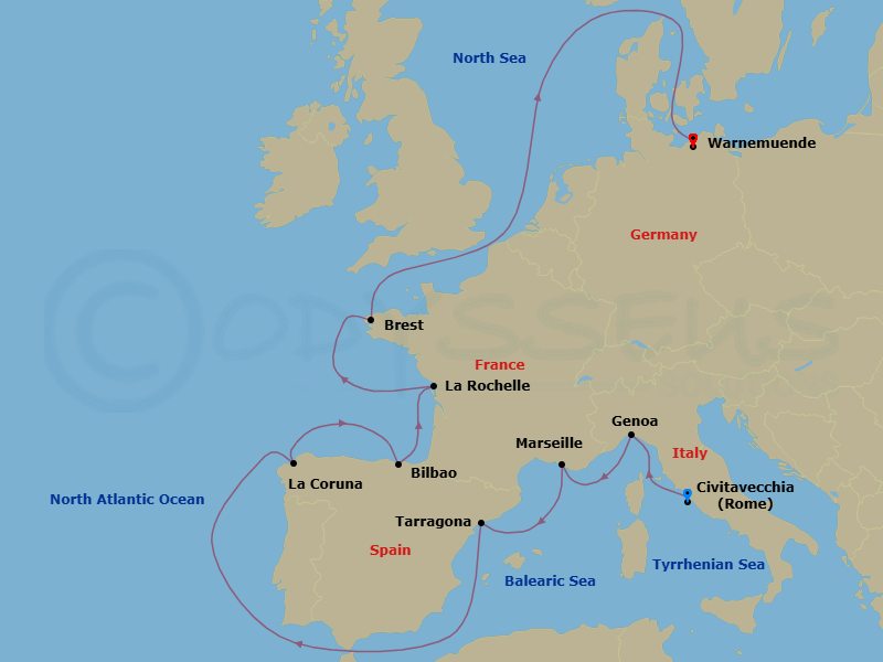 12 Night - Northern Europe - MSC Magnifica - Starting in Civitavecchia (Rome), Italy, Genoa (Portofino), Italy, Marseille (Provence), France, Tarragona, Spain, La Coruna (Santiago De Compostela), Spain, Bilbao, Spain, La Rochelle, France, Brest, France, Warnemunde (Berlin), Germany itinerary map