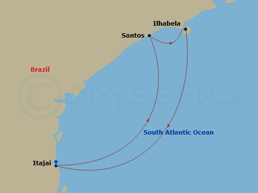 3 Night - South America Roundtrip from Itajai - Costa Diadema - Starting in Itajai, Brazil, Santos, Brazil, Ilhabela, Brazil, Itajai, Brazil itinerary map