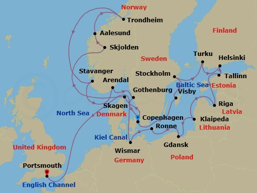 25 Night - Denmark, Norway & Sweden Combination Cruise : Copenhagen, Trondheim & Stockholm - Azamara Quest - Starting in Copenhagen, Skagen, Skjolden, Alesund, Trondheim, Stavanger, Arendal, Gothenburg, Copenhagen, Visby, Sweden, Stockholm, Turku, Helsinki, Tallinn, Riga, Klaipeda, Gdansk, Ronne, Bornholm, Wismar, Kiel Canal Cruising, Portsmouth UK itinerary map