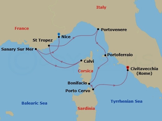 8 Night - Nice to Rome - World Traveller - Starting in Nice, Sanary-Sur-Mer (Bandol), Calvi, Saint-Tropez, Porto Venere, (Cinque Terre), Portoferraio (Tuscany), Bonifacio (Corsica), Porto Cervo (Sardinia), Civitavecchia (Rome) itinerary map