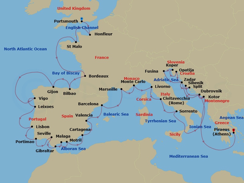 40 Night - Portsmouth to Athens Grand Voyage - Azamara Journey - Starting in Portsmouth UK, Honfleur, Saint-malo, Bordeaux, Bilbao, Gijon, Spain, Vigo, Porto (Leixoes), Lisbon, Portimao, Seville, Gibraltar, Malaga, Granada (Motril), Cartagena ES, Valencia, Barcelona, Provence (Marseille), Monte Carlo, Florence / Pisa (Livorno), Rome (Civitavecchia), Sorrento, Kotor, Dubrovnik, Croatia, Zadar, Venice (Fusina), Koper, Opatija, Zadar, Split, Sibenik, Dubrovnik, Croatia, Kotor, Athens (Piraeus) itinerary map