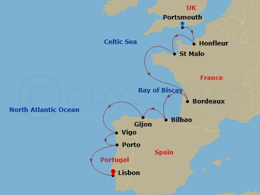 11 Night - France & Spain Cruise : Honfleur, Bordeaux & Bilbao - Azamara Journey - Starting in Portsmouth UK, Honfleur, Saint-malo, Bordeaux, Bilbao, Gijon, Spain, Vigo, Porto (Leixoes), Lisbon itinerary map