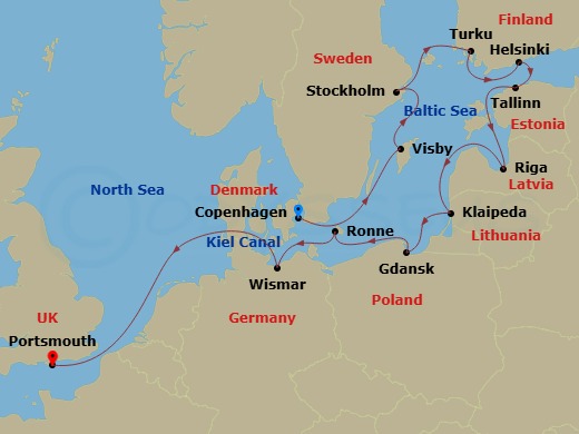15 Night - Baltic Intensive Cruise : Stockholm, Helsinki & Gdansk - Azamara Quest - Starting in Copenhagen, Visby, Sweden, Stockholm, Turku, Helsinki, Tallinn, Riga, Klaipeda, Gdansk, Ronne, Bornholm, Wismar, Kiel Canal Cruising, Portsmouth UK itinerary map