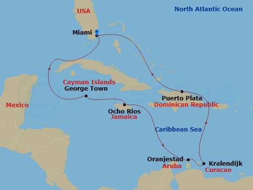 10 Night - Caribbean and Antilles - MSC Poesia - Starting in Miami, Florida, George Town, Cayman Islands, Ocho Rios, Jamaica, Oranjestad, Aruba, Kralendijk, Bonaire, Puerto Plata, Dominican Republic, Miami, Florida itinerary map