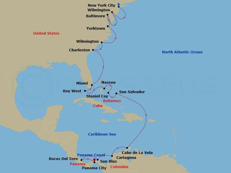 21 Night - Ultimate America's Historic Journey to Panama - Scenic Eclipse - Starting in New York, Wilmington, Delaware / Chesapeake and Delaware Canal, Baltimore, Maryland, Yorktown, Virginia, Wilmington, North Carolina, Charleston, South Carolina, Miami, Florida, Key West, Florida, Nassau, Bahamas, Staniel Cay, Bahamas, San Salvador Island, Bahamas, Cabo de La Vela, Colombia, Cartagena CO, San Blas, Panama, Bocas Del Toro, Panama, Panama Canal Transit / Panama City, Panama, Panama City, Panama itinerary map