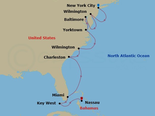 11 Night - Chairman's Voyage : America's 250Th Anniversary Cruise - Scenic Eclipse - Starting in New York, Wilmington, Delaware / Chesapeake and Delaware Canal, Baltimore, Maryland, Yorktown, Virginia, Wilmington, North Carolina, Charleston, South Carolina, Miami, Florida, Key West, Florida, Nassau, Bahamas itinerary map
