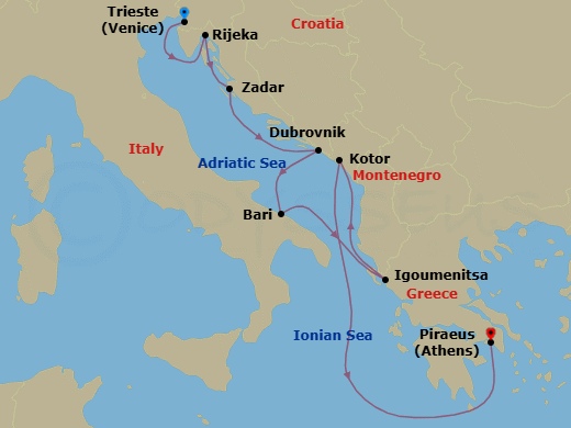8 Night - History & Romance - Seven Seas Splendor - Starting in Venice (Trieste), Rijeka, Zadar, Dubrovnik, Croatia, Bari, Igoumenitsa, Kotor, Cruising the Mediterranean Sea, Athens (Piraeus) itinerary map
