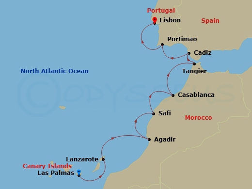 9 Night - Las Palmas to Lisbon - World Voyager - Starting in Las Palmas (Gran Canaria), Arrecife (Lanzarote), Agadir, Safi, Casablanca, Tangier, Morocco, Cadiz, Portimao, Lisbon itinerary map