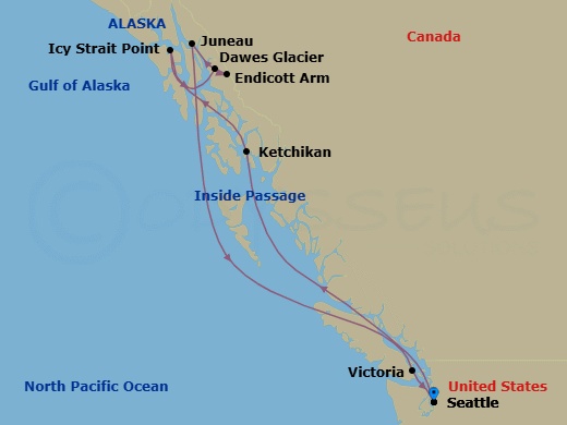 7 Night - Alaska - MSC Poesia - Starting in Seattle, Washington, Ketchikan, Alaska, Icy Strait Point, Alaska, Endicott Arm and Dawes Glacier, Juneau, Alaska, Victoria CA, Canada, Seattle, Washington itinerary map