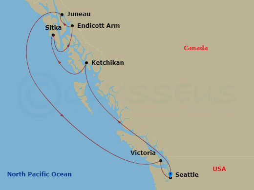7 Night - Alaska - MSC Poesia - Starting in Seattle, Washington, Ketchikan, Alaska, Sitka, Alaska, Endicott Arm and Dawes Glacier, Juneau, Alaska, Victoria CA, Canada, Seattle, Washington itinerary map