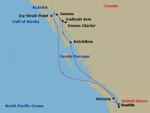 7 Night - Alaska - MSC Poesia - Starting in Seattle, Washington, Ketchikan, Alaska, Endicott Arm and Dawes Glacier, Juneau, Alaska, Icy Strait Point, Alaska, Victoria CA, Canada, Seattle, Washington itinerary map