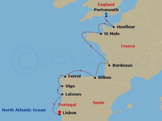 11 Night - France & Spain Cruise : Honfleur, Bordeaux & Bilbao - Azamara Quest - Starting in Portsmouth UK, Honfleur, Saint-malo, Bordeaux, Bilbao, Ferrol, Vigo, Porto (Leixoes), Lisbon itinerary map