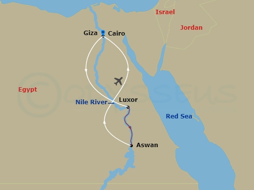 13 Night - Treasures of Egypt - Sun Boat III Tours - Starting in Giza (Cairo), Giza, Giza / Luxor, Luxor, Luxor / Nile Cruise, Nile River Cruise, Nile River Cruise / Abu Simbel, Nile River Cruise, Aswan / Cairo, Cairo itinerary map