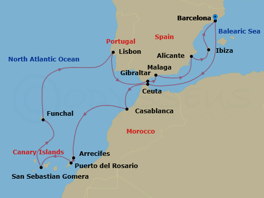 19 Night - An Extended Journey of Atlantic Crossings & Southern Light - EXPLORA II - Starting in Barcelona, Ceuta, Casablanca, Arrecife (Lanzarote), Puerto Del Rosario, San Sebastian De La Gomera, Funchal (Madeira), Lisbon, Gibraltar, Malaga, Spain, Alicante, Ibiza, Barcelona itinerary map