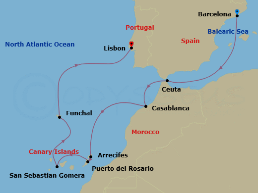 12 Night - A Journey of Atlantic Light & Volcanic Shores - EXPLORA II - Starting in Barcelona, Ceuta, Casablanca, Arrecife (Lanzarote), Puerto Del Rosario, San Sebastian De La Gomera, Funchal (Madeira), Lisbon itinerary map