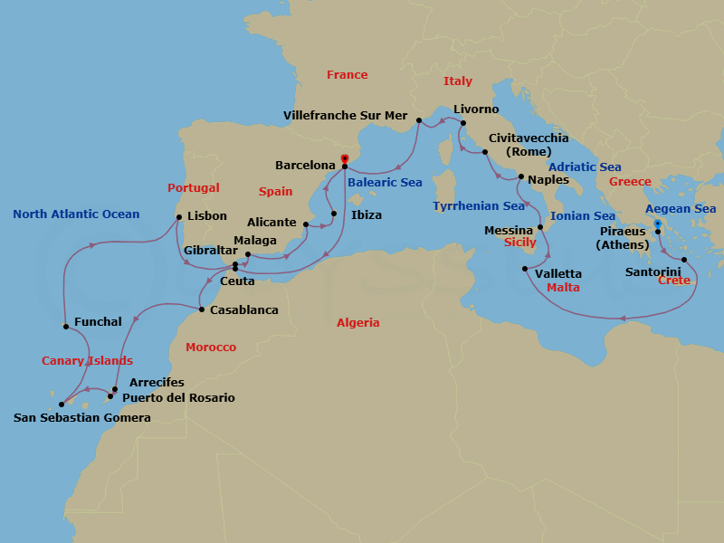 29 Night - An Extended Journey Across Three Seas, from the Aegean to the Atlantic - EXPLORA II - Starting in Piraeus (Athens), Santorini, La Valletta, Messina (Sicily), Port of Naples, Civitavecchia (Rome), Livorno (Florence), Villefranche-Sur-Mer (Nice), Barcelona, Ceuta, Casablanca, Arrecife (Lanzarote), Puerto Del Rosario, San Sebastian De La Gomera, Funchal (Madeira), Lisbon, Gibraltar, Malaga, Spain, Alicante, Ibiza, Barcelona itinerary map