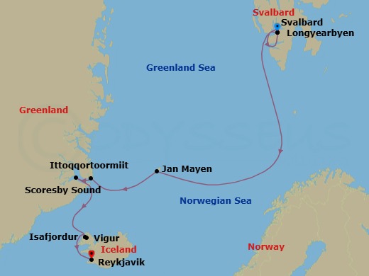 12 Night - Arctic Cruise in Svalbard, East Greenland & Iceland - SH Vega - Starting in Longyearbyen, Svalbard, Jan Mayen Island, Ittoqqortoormiit, Scoresbysund, Isafjordur, Vigur Island, Reykjavik itinerary map