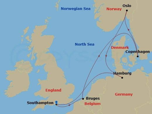 8 Night - Northern City Escapes Cruise - Freedom of the Seas - Starting in Southampton, England, Bruges, (Zeebrugge), Belgium, Copenhagen, Denmark, Oslo, Norway, Hamburg, Germany, Southampton, England itinerary map