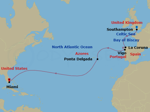 12 Night - Spain & Azores Transatlantic - Freedom of the Seas - Starting in Southampton, England, La Coruna, Spain, Vigo, Spain, Ponta Delgada, Azores, Miami, Florida itinerary map