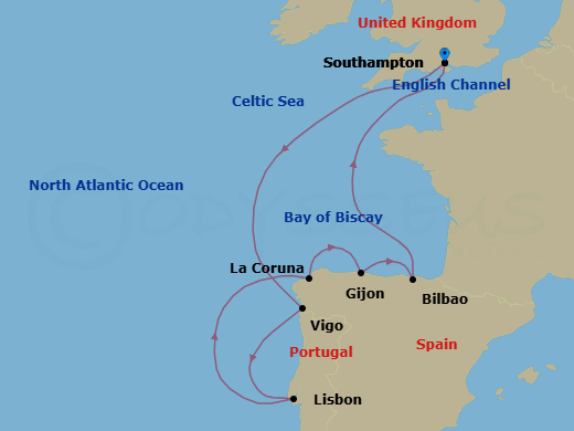 9 Night - Spanish Flair Cruise - Freedom of the Seas - Starting in Southampton, England, Vigo, Spain, Lisbon, Portugal, La Coruna, Spain, Gijon, Spain, Bilbao, Southampton, England itinerary map