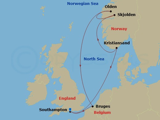 7 Night - Norwegian Fjords Cruise - Freedom of the Seas - Starting in Southampton, England, Kristiansand, Norway, Skjolden, Norway, Olden, Norway, Bruges, (Zeebrugge), Belgium, Southampton, England itinerary map