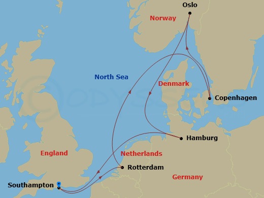 8 Night - Northern City Escapes Cruise - Freedom of the Seas - Starting in Southampton, England, Rotterdam, Netherlands, Copenhagen, Denmark, Oslo, Norway, Hamburg, Germany, Southampton, England itinerary map
