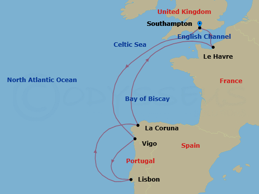 8 Night - Spain, Portugal & France Cruise - Freedom of the Seas - Starting in Southampton, England, Vigo, Spain, Lisbon, Portugal, La Coruna, Spain, Paris (Le Havre), France, Southampton, England itinerary map