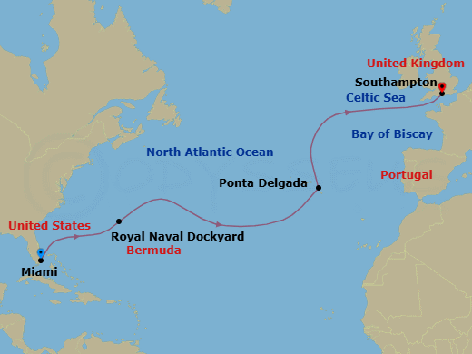 12 Night - Bermuda & Azores Transatlantic - Freedom of the Seas - Starting in Miami, Florida, Royal Naval Dockyard, Bermuda, Ponta Delgada, Azores, Southampton, England itinerary map