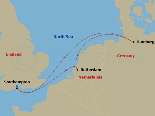 5 Night - Hamburg & Rotterdam Cruise - Freedom of the Seas - Starting in Southampton, England, Hamburg, Germany, Rotterdam, Netherlands, Southampton, England itinerary map